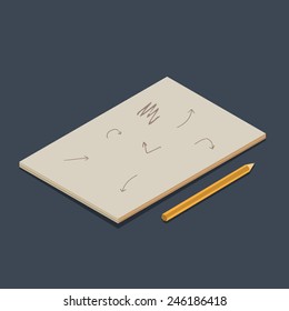 Isometric vector copybook with pencil on dark background.