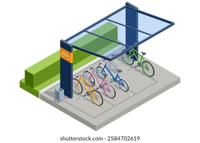 Isometric vector of a covered bike parking station with multiple bicycles, a glass roof, and urban surroundings.