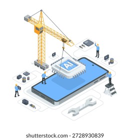 An isometric vector crane installing an AI chip into a smartphone and workers with circuit board components, in color on a white background, the implementation of artificial intelligence in gadgets
