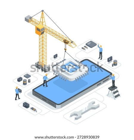 An isometric vector crane installing an AI chip into a smartphone and workers with circuit board components, in color on a white background, the implementation of artificial intelligence in gadgets