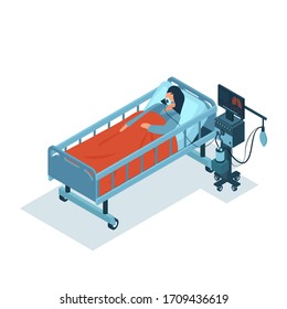 Isometric vector of a critically ill female patient on ventilator machine receiving oxygen therapy 