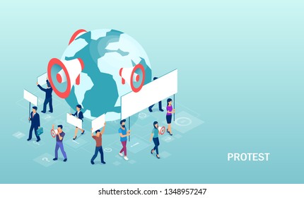 Isometric vector of crowd of diverse people protesters holding banners and placards taking part in political meeting or rally. 