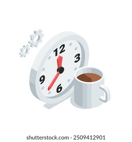 isometric vector cup of coffee and clock, in color on white background, coffee time