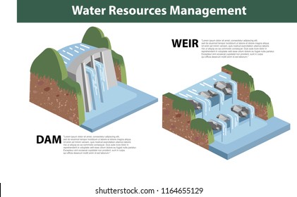 isometric vector of Dam and Weir in water resources management