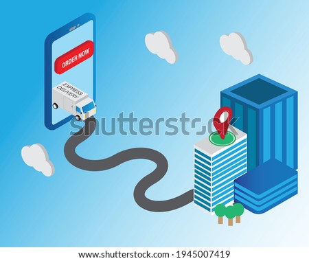 An isometric vector of delivery truck appear from smartphone and on progress delivering the parcel to the buyer with order now button. Courier service must be efficient to meet the market demand.