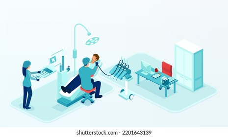 Isometric vector of dentist's office interior and a doctors treating the patient