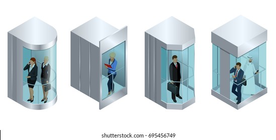 Isometric Vector Design Of The Elevator With People Inside And Button Panel. Realistic Empty Elevator Hall Interior With Close Metallic Lift Doors 