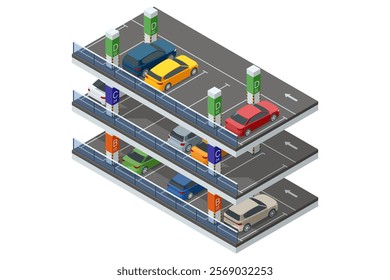 Isometric vector design of a multi-level parking structure featuring cars on different floors, color-coded sections, and organized parking slots for efficient use of space