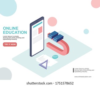Isometric vector design, Online education, Web banner.