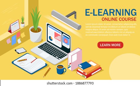 Isometric vector design of online education, e-learning used during COVID 19 pandemic, remote or distance course for academic students