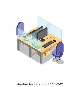 Isometric vector desk with plexiglass illustration