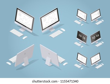 Isometric vector desktop illustration. Set of opened laptop from different sides with optional screens for business with graphs and charts, freelance job, learning and time screen saver.