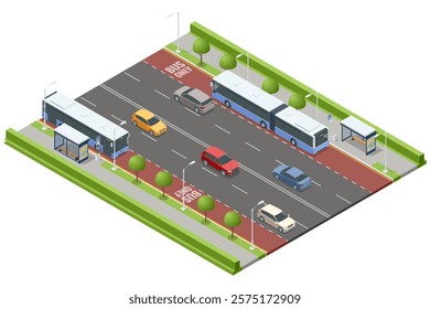 An isometric vector of a detailed urban bus stop system, featuring multiple stops, shelters, buses, and a well-organized city street with greenery and designated bus-only lanes.