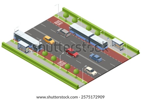 An isometric vector of a detailed urban bus stop system, featuring multiple stops, shelters, buses, and a well-organized city street with greenery and designated bus-only lanes.