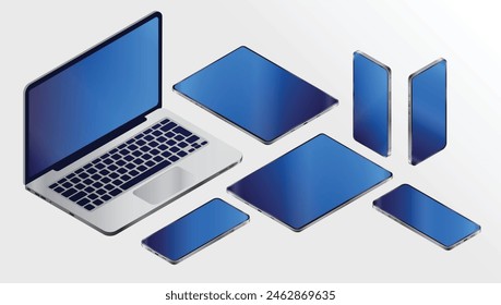 Isometric vector devices collection - Laptop computer, mobile phones and tablets in various angels, laying down and standing. Semi realistic professional illustration collection