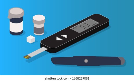 Conjunto de diagnóstico de diabetes vectorial isométrica. Glucómetro, tiras de prueba, cubos de lanceta y azúcar.