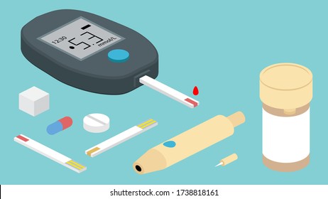 Conjunto de diagnóstico de diabetes vectorial isométrica. Glucómetro, tiras de prueba, lanceta, pastillas y cubo de azúcar.