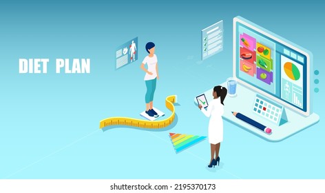 Isometric vector of a dietician giving advice to a woman patient on diet and weight loss program using smartphone application. 