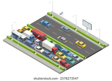 An isometric vector displaying cars, buses, and trucks in a traffic jam. Some vehicles are on the move, while others are stationary. A billboard and traffic lights add detail. Traffic jam