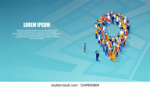 Isometric vector of diverse group of people gathering in location shaped as geo tag on blue background 