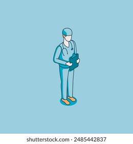 isometric vector doctor linear icon, in color on blue background, people and professions