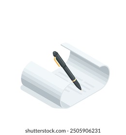 isometric vector document icon and pen, in color on a white background, paper document and signature pen