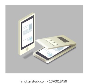 Isometric Vector Document Scanning Paper Copy Printing Office Scanner And Office Scanner Printing Equipment Business Copier. Modern Electronics Of Digital Fax Device. Scan A Document To Your Phone