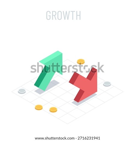 Isometric vector up and down arrows on a coordinate grid and coins, in color on a white background, financial growth or decline