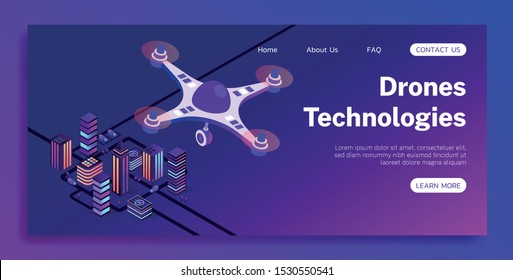 Isometric vector drone technologies 3d illustration. Include neon city, trees, roads, transport, drone.