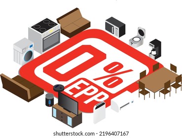 An isometric vector of easy payment plan with 0% interest concept for home appliance and furniture on white background.