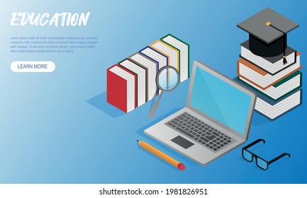 Isometric vector with education concept. Isometric illustrations of online education, graduation and library concepts.