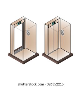 A isometric vector elevator with a closed or open door.