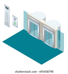 Isometric vector elevator lift isometric interior with contemporary style lift hall. 
Isolated flat illustration realistic empty elevator hall interior

