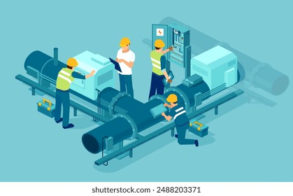 Isometric vector of an engineer worker team conducting factory industrial maintenance of gas and electric installation system 