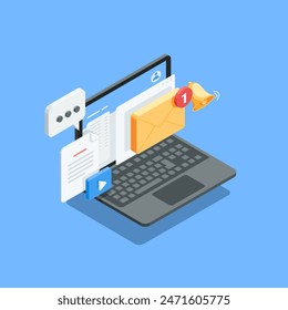 sobre de Vector isométrico con campana de alerta y mensaje, en color sobre fondo blanco, email marketing o boletín publicitario