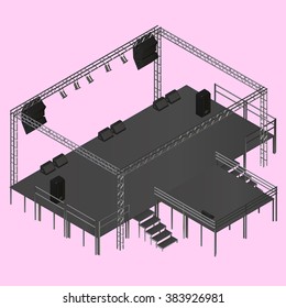 Isometric vector event stage with truss, music equipment, speakers. Musical festival stage podium construction isometric illustration.