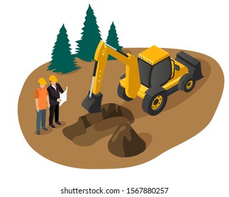 Isometric vector of an excavator digging a foundation pit for a building