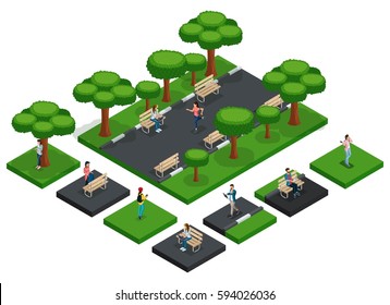 Isometric Vector Fashion People, Teenagers 3D Icon Set For Creation Of The Park With People Jogging, City Park Benches, Fresh Air Insulated.