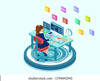 Isometric vector of a female programmer software engineer coding on desktop 