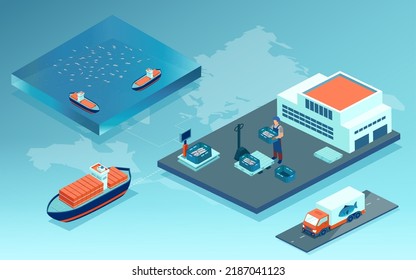 Isometric vector of a fish industry, seafood production and distribution 