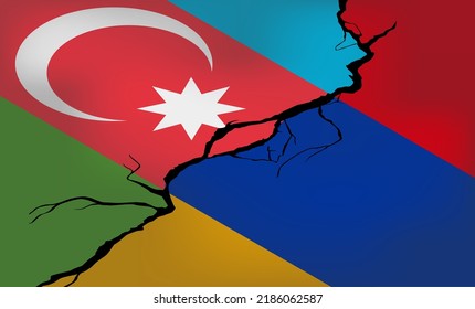 Vector isométrico. Banderas de Armenia y Azerbaiyán en el fondo de la grieta. Crisis en las relaciones entre países. Guerra en la frontera. Diálogo político y reunión de los presidentes.