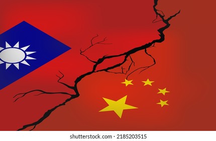 Isometric vector. Flags of China and Taiwan on the crack background. Crisis in relations between countries. fighting and exercises. Political dialogue and meeting of the presidents.