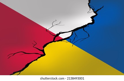 Isometrische Vektorgrafik. Flaggen von Polen und der Ukraine auf dem Hintergrund des Risses. Krise in den Beziehungen zwischen den Ländern. Krieg an der Grenze. Invasion der Armee und Einziehung von Territorien 