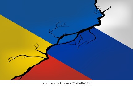Isometric vector. Flags of the Russian Federation and Ukraine on the background of the cracks. Crisis in relations between countries. War on the border. Political dialogue and meeting of presidents. 