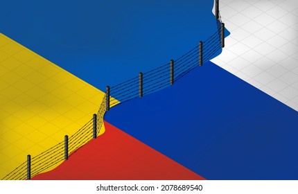 Isometric vector. Flags of the Russian Federation and Ukraine against the background of the construction of a fence or wall with barbed wire. Crisis in relations between countries. War on the border