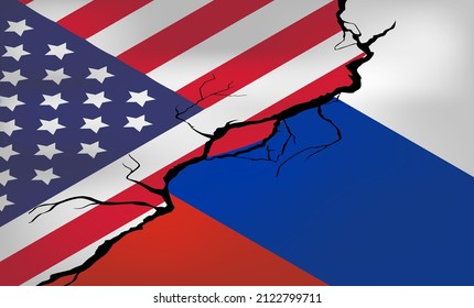 Vector isométrico. Banderas de la Federación de Rusia y los Estados Unidos de América contra el fondo de una grieta. Crisis en las relaciones entre países. Diálogo político y negociaciones