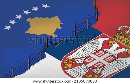 Isometric vector. Flags of Serbia and the Republic of Kosovo on the background of a fence or wall with barbed wire. Crisis in relations between countries. border war