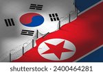 Isometric vector. Flags of South Korea and North Korea against the background of a fence or wall with barbed wire. Crisis in relations between countries. border war