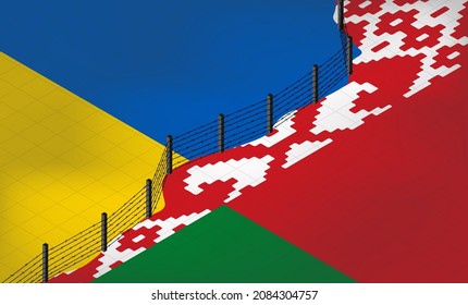 Isometric vector. Flags of Ukraine and the Republic of Belarus in front of the construction of a fence or wall with barbed wire. Crisis in relations between countries. Border war 