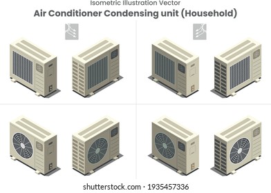 Isometric vector as flat design of household air conditioner or condensing unit as all side and shadow installation outside house or balcony residential equipment